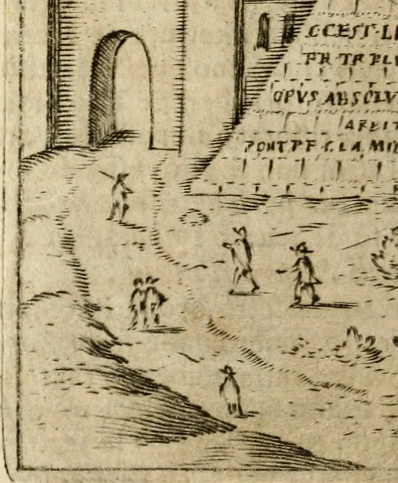 An illustration from Ritratto di Roma antica : nel qvale sono figvrati i principali tempij, theatri, anfiteatri, cerchi, naumachie, archi trionfali, curie, basiliche, colonne, ordine del trionfo, dignita militari, e ciuili, riti cerimonie, & altre cose notabili : aggiuntoui di nuouo le vite, & effigie de' primi rè di essa, e le grandezze dell'Imperio Romano, con l'esplicationi istoriche de' piu celebri antiquarij, 1654, leaf 237