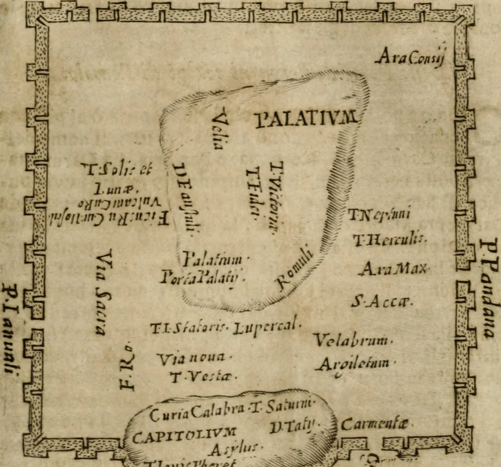 An illustration from Ritratto di Roma antica : nel qvale sono figvrati i principali tempij, theatri, anfiteatri, cerchi, naumachie, archi trionfali, curie, basiliche, colonne, ordine del trionfo, dignita militari, e ciuili, riti cerimonie, & altre cose notabili : aggiuntoui di nuouo le vite, & effigie de' primi rè di essa, e le grandezze dell'Imperio Romano, con l'esplicationi istoriche de' piu celebri antiquarij, 1654, leaf 24