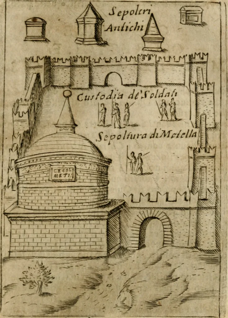 An illustration from Ritratto di Roma antica : nel qvale sono figvrati i principali tempij, theatri, anfiteatri, cerchi, naumachie, archi trionfali, curie, basiliche, colonne, ordine del trionfo, dignita militari, e ciuili, riti cerimonie, & altre cose notabili : aggiuntoui di nuouo le vite, & effigie de' primi rè di essa, e le grandezze dell'Imperio Romano, con l'esplicationi istoriche de' piu celebri antiquarij, 1654, leaf 240