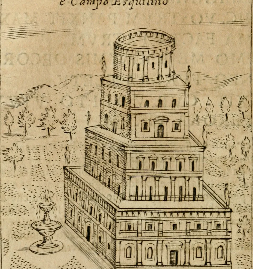 An illustration from Ritratto di Roma antica : nel qvale sono figvrati i principali tempij, theatri, anfiteatri, cerchi, naumachie, archi trionfali, curie, basiliche, colonne, ordine del trionfo, dignita militari, e ciuili, riti cerimonie, & altre cose notabili : aggiuntoui di nuouo le vite, & effigie de' primi rè di essa, e le grandezze dell'Imperio Romano, con l'esplicationi istoriche de' piu celebri antiquarij, 1654, leaf 243