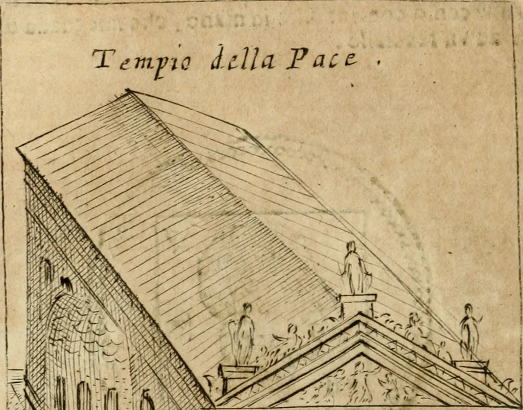 An illustration from Ritratto di Roma antica : nel qvale sono figvrati i principali tempij, theatri, anfiteatri, cerchi, naumachie, archi trionfali, curie, basiliche, colonne, ordine del trionfo, dignita militari, e ciuili, riti cerimonie, & altre cose notabili : aggiuntoui di nuouo le vite, & effigie de' primi rè di essa, e le grandezze dell'Imperio Romano, con l'esplicationi istoriche de' piu celebri antiquarij, 1654, leaf 249
