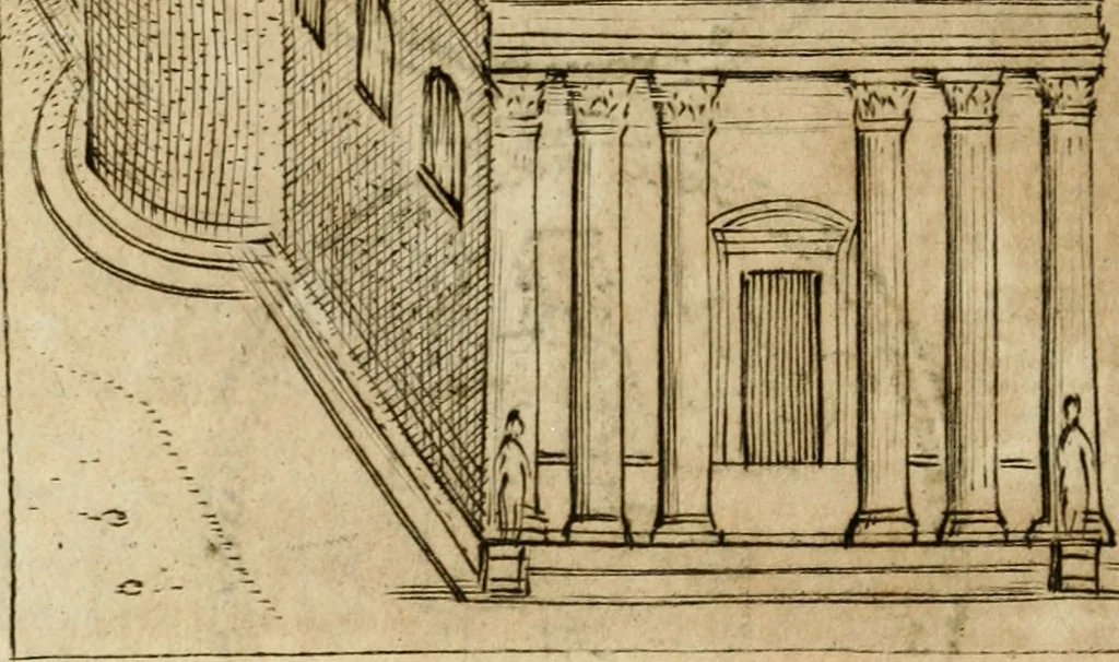 An illustration from Ritratto di Roma antica : nel qvale sono figvrati i principali tempij, theatri, anfiteatri, cerchi, naumachie, archi trionfali, curie, basiliche, colonne, ordine del trionfo, dignita militari, e ciuili, riti cerimonie, & altre cose notabili : aggiuntoui di nuouo le vite, & effigie de' primi rè di essa, e le grandezze dell'Imperio Romano, con l'esplicationi istoriche de' piu celebri antiquarij, 1654, leaf 249