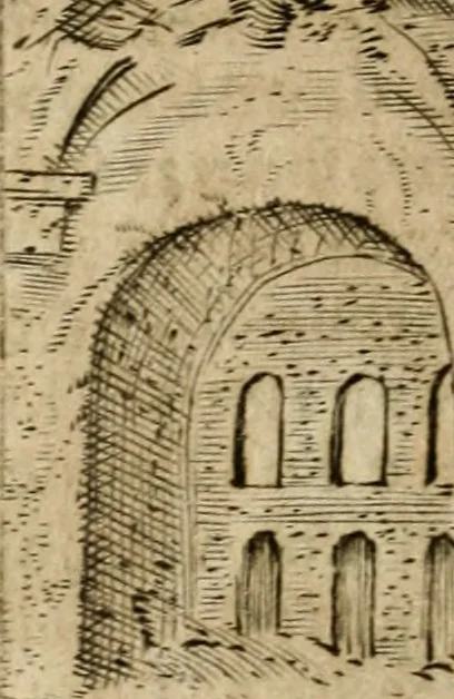 An illustration from Ritratto di Roma antica : nel qvale sono figvrati i principali tempij, theatri, anfiteatri, cerchi, naumachie, archi trionfali, curie, basiliche, colonne, ordine del trionfo, dignita militari, e ciuili, riti cerimonie, & altre cose notabili : aggiuntoui di nuouo le vite, & effigie de' primi rè di essa, e le grandezze dell'Imperio Romano, con l'esplicationi istoriche de' piu celebri antiquarij, 1654, leaf 251