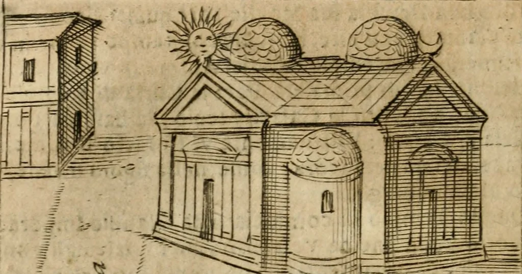 An illustration from Ritratto di Roma antica : nel qvale sono figvrati i principali tempij, theatri, anfiteatri, cerchi, naumachie, archi trionfali, curie, basiliche, colonne, ordine del trionfo, dignita militari, e ciuili, riti cerimonie, & altre cose notabili : aggiuntoui di nuouo le vite, & effigie de' primi rè di essa, e le grandezze dell'Imperio Romano, con l'esplicationi istoriche de' piu celebri antiquarij, 1654, leaf 253
