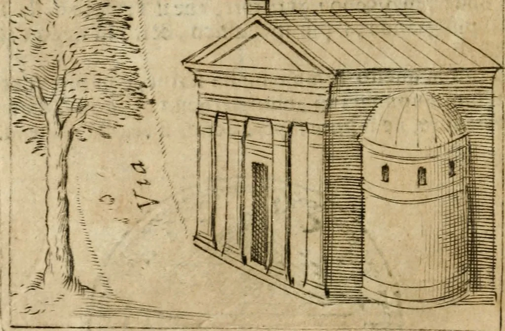 An illustration from Ritratto di Roma antica : nel qvale sono figvrati i principali tempij, theatri, anfiteatri, cerchi, naumachie, archi trionfali, curie, basiliche, colonne, ordine del trionfo, dignita militari, e ciuili, riti cerimonie, & altre cose notabili : aggiuntoui di nuouo le vite, & effigie de' primi rè di essa, e le grandezze dell'Imperio Romano, con l'esplicationi istoriche de' piu celebri antiquarij, 1654, leaf 253