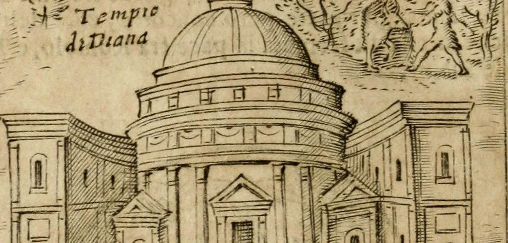 An illustration from Ritratto di Roma antica : nel qvale sono figvrati i principali tempij, theatri, anfiteatri, cerchi, naumachie, archi trionfali, curie, basiliche, colonne, ordine del trionfo, dignita militari, e ciuili, riti cerimonie, & altre cose notabili : aggiuntoui di nuouo le vite, & effigie de' primi rè di essa, e le grandezze dell'Imperio Romano, con l'esplicationi istoriche de' piu celebri antiquarij, 1654, leaf 255