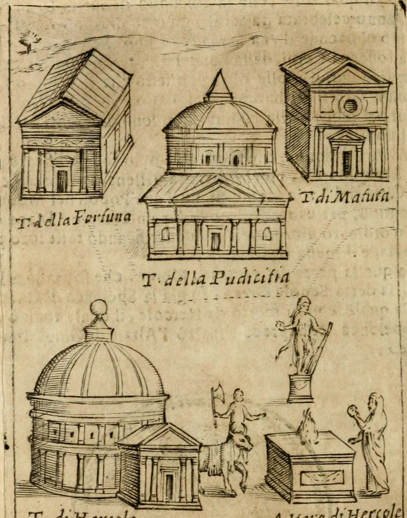 An illustration from Ritratto di Roma antica : nel qvale sono figvrati i principali tempij, theatri, anfiteatri, cerchi, naumachie, archi trionfali, curie, basiliche, colonne, ordine del trionfo, dignita militari, e ciuili, riti cerimonie, & altre cose notabili : aggiuntoui di nuouo le vite, & effigie de' primi rè di essa, e le grandezze dell'Imperio Romano, con l'esplicationi istoriche de' piu celebri antiquarij, 1654, leaf 257