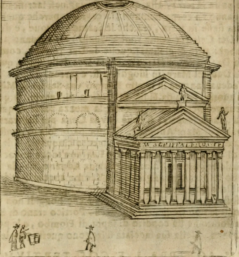An illustration from Ritratto di Roma antica : nel qvale sono figvrati i principali tempij, theatri, anfiteatri, cerchi, naumachie, archi trionfali, curie, basiliche, colonne, ordine del trionfo, dignita militari, e ciuili, riti cerimonie, & altre cose notabili : aggiuntoui di nuouo le vite, & effigie de' primi rè di essa, e le grandezze dell'Imperio Romano, con l'esplicationi istoriche de' piu celebri antiquarij, 1654, leaf 260