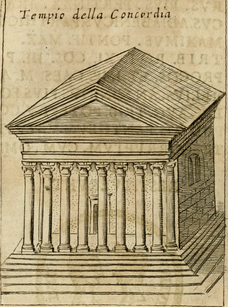 An illustration from Ritratto di Roma antica : nel qvale sono figvrati i principali tempij, theatri, anfiteatri, cerchi, naumachie, archi trionfali, curie, basiliche, colonne, ordine del trionfo, dignita militari, e ciuili, riti cerimonie, & altre cose notabili : aggiuntoui di nuouo le vite, & effigie de' primi rè di essa, e le grandezze dell'Imperio Romano, con l'esplicationi istoriche de' piu celebri antiquarij, 1654, leaf 263