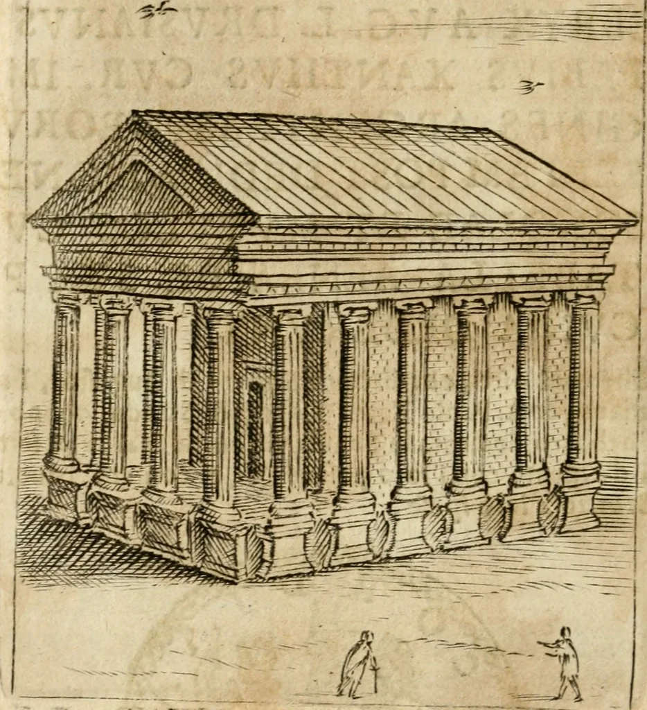 An illustration from Ritratto di Roma antica : nel qvale sono figvrati i principali tempij, theatri, anfiteatri, cerchi, naumachie, archi trionfali, curie, basiliche, colonne, ordine del trionfo, dignita militari, e ciuili, riti cerimonie, & altre cose notabili : aggiuntoui di nuouo le vite, & effigie de' primi rè di essa, e le grandezze dell'Imperio Romano, con l'esplicationi istoriche de' piu celebri antiquarij, 1654, leaf 267