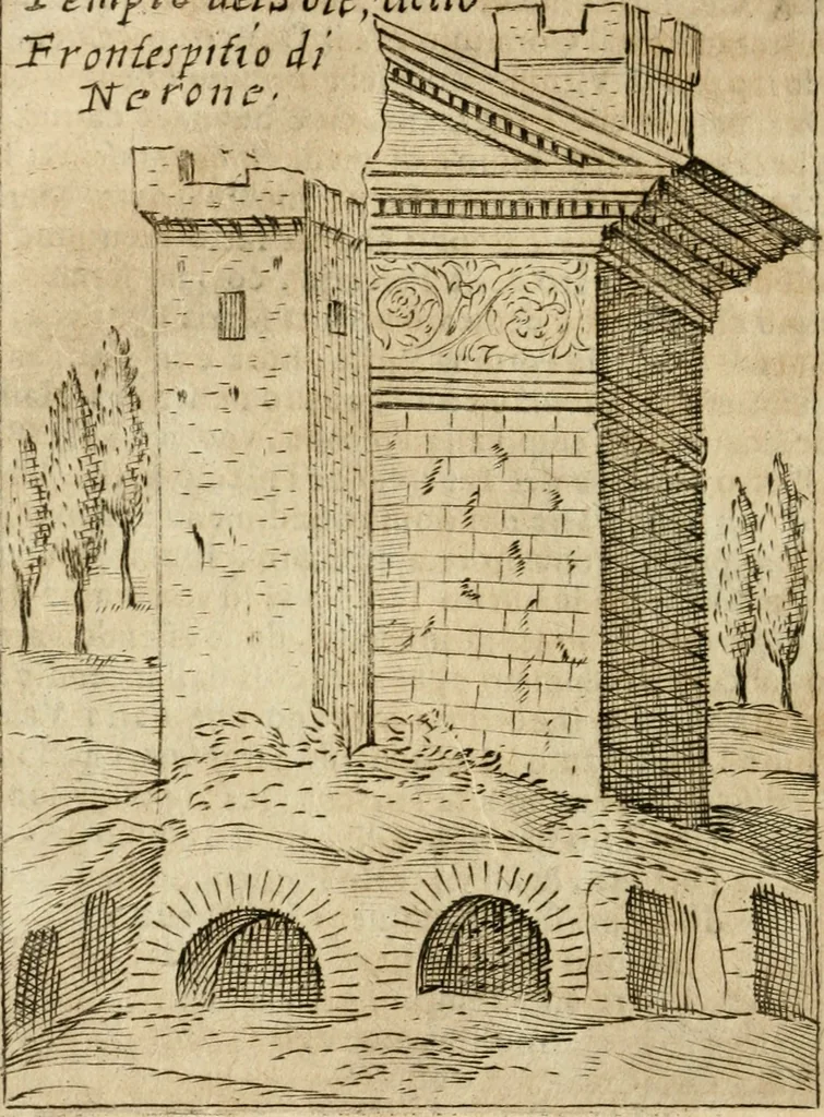 An illustration from Ritratto di Roma antica : nel qvale sono figvrati i principali tempij, theatri, anfiteatri, cerchi, naumachie, archi trionfali, curie, basiliche, colonne, ordine del trionfo, dignita militari, e ciuili, riti cerimonie, & altre cose notabili : aggiuntoui di nuouo le vite, & effigie de' primi rè di essa, e le grandezze dell'Imperio Romano, con l'esplicationi istoriche de' piu celebri antiquarij, 1654, leaf 269