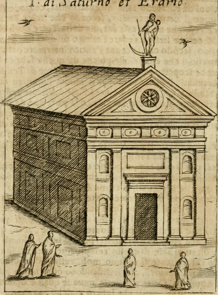 An illustration from Ritratto di Roma antica : nel qvale sono figvrati i principali tempij, theatri, anfiteatri, cerchi, naumachie, archi trionfali, curie, basiliche, colonne, ordine del trionfo, dignita militari, e ciuili, riti cerimonie, & altre cose notabili : aggiuntoui di nuouo le vite, & effigie de' primi rè di essa, e le grandezze dell'Imperio Romano, con l'esplicationi istoriche de' piu celebri antiquarij, 1654, leaf 271