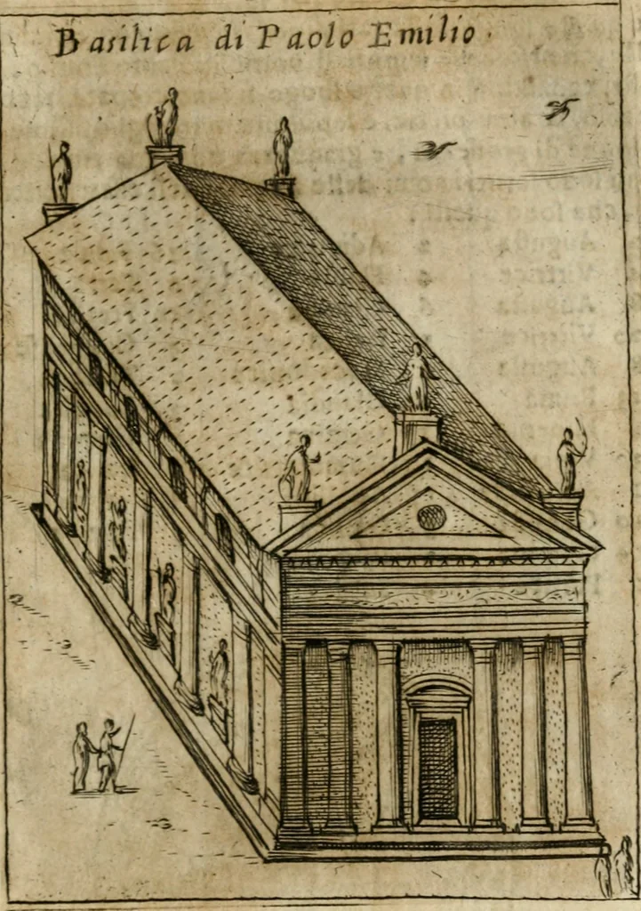 An illustration from Ritratto di Roma antica : nel qvale sono figvrati i principali tempij, theatri, anfiteatri, cerchi, naumachie, archi trionfali, curie, basiliche, colonne, ordine del trionfo, dignita militari, e ciuili, riti cerimonie, & altre cose notabili : aggiuntoui di nuouo le vite, & effigie de' primi rè di essa, e le grandezze dell'Imperio Romano, con l'esplicationi istoriche de' piu celebri antiquarij, 1654, leaf 274
