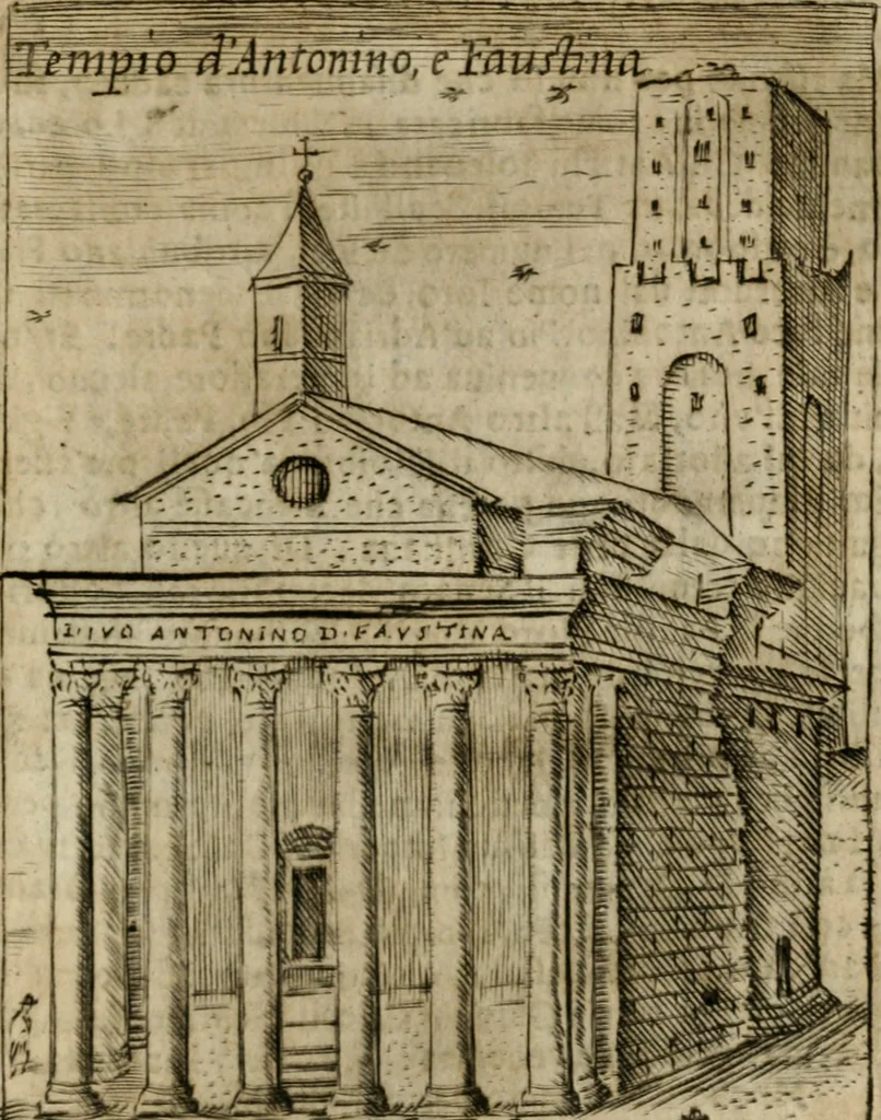 An illustration from Ritratto di Roma antica : nel qvale sono figvrati i principali tempij, theatri, anfiteatri, cerchi, naumachie, archi trionfali, curie, basiliche, colonne, ordine del trionfo, dignita militari, e ciuili, riti cerimonie, & altre cose notabili : aggiuntoui di nuouo le vite, & effigie de' primi rè di essa, e le grandezze dell'Imperio Romano, con l'esplicationi istoriche de' piu celebri antiquarij, 1654, leaf 276
