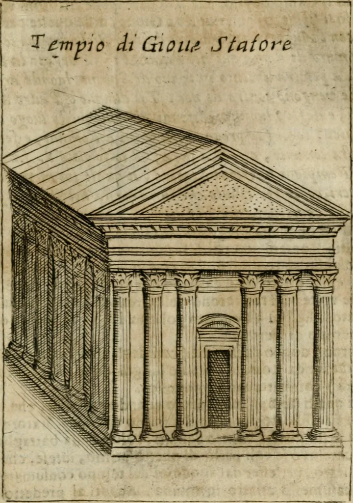 An illustration from Ritratto di Roma antica : nel qvale sono figvrati i principali tempij, theatri, anfiteatri, cerchi, naumachie, archi trionfali, curie, basiliche, colonne, ordine del trionfo, dignita militari, e ciuili, riti cerimonie, & altre cose notabili : aggiuntoui di nuouo le vite, & effigie de' primi rè di essa, e le grandezze dell'Imperio Romano, con l'esplicationi istoriche de' piu celebri antiquarij, 1654, leaf 278