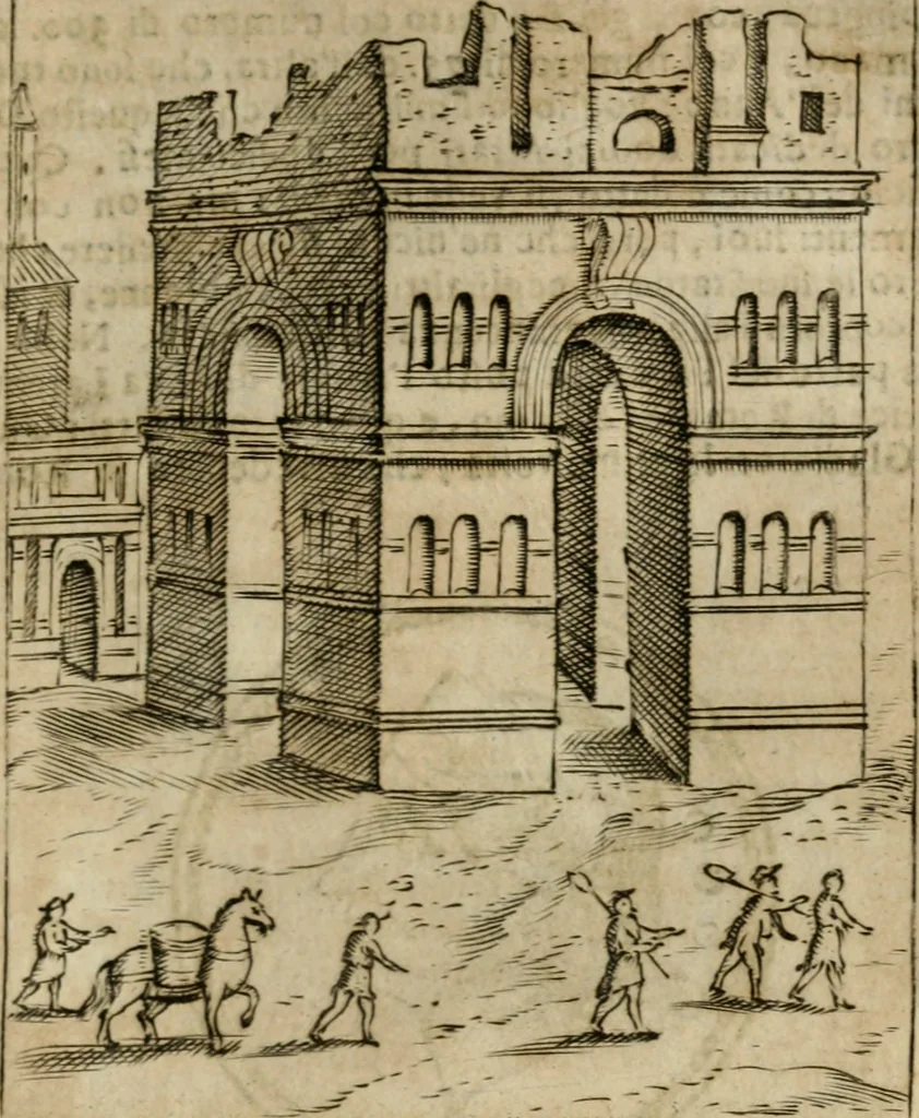 An illustration from Ritratto di Roma antica : nel qvale sono figvrati i principali tempij, theatri, anfiteatri, cerchi, naumachie, archi trionfali, curie, basiliche, colonne, ordine del trionfo, dignita militari, e ciuili, riti cerimonie, & altre cose notabili : aggiuntoui di nuouo le vite, & effigie de' primi rè di essa, e le grandezze dell'Imperio Romano, con l'esplicationi istoriche de' piu celebri antiquarij, 1654, leaf 280