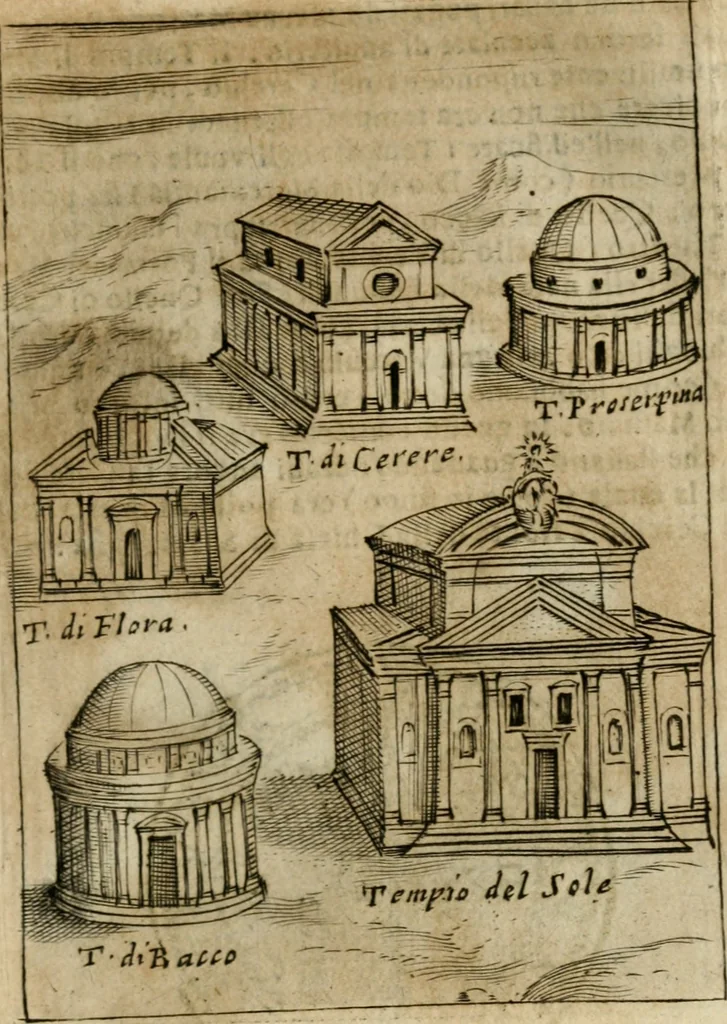 An illustration from Ritratto di Roma antica : nel qvale sono figvrati i principali tempij, theatri, anfiteatri, cerchi, naumachie, archi trionfali, curie, basiliche, colonne, ordine del trionfo, dignita militari, e ciuili, riti cerimonie, & altre cose notabili : aggiuntoui di nuouo le vite, & effigie de' primi rè di essa, e le grandezze dell'Imperio Romano, con l'esplicationi istoriche de' piu celebri antiquarij, 1654, leaf 282