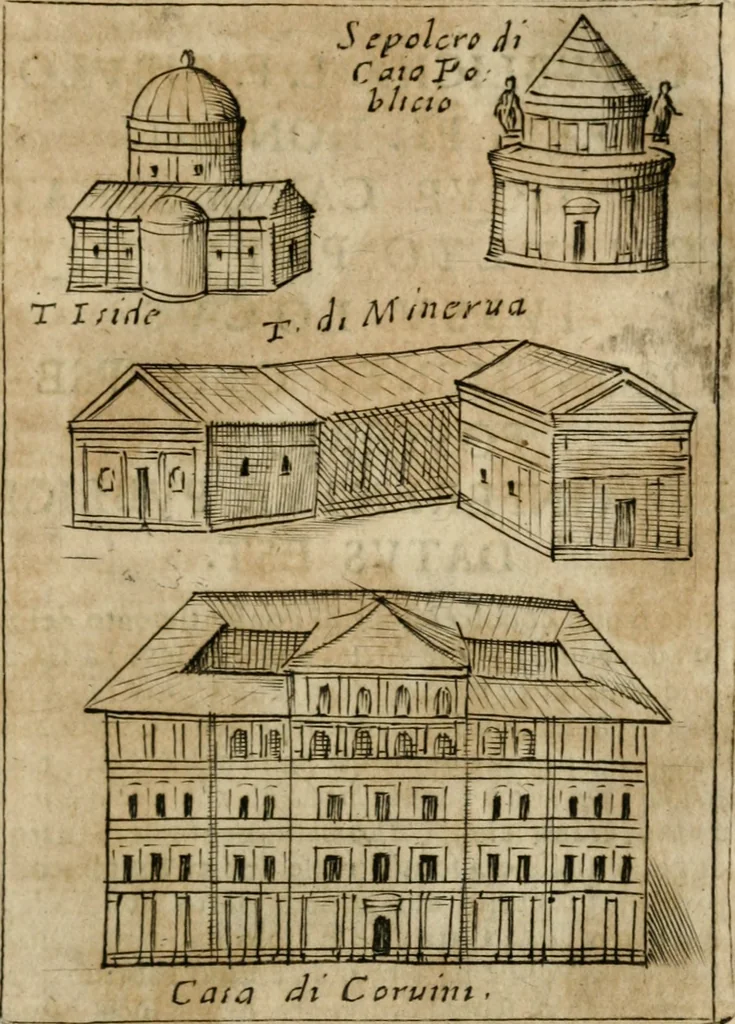 An illustration from Ritratto di Roma antica : nel qvale sono figvrati i principali tempij, theatri, anfiteatri, cerchi, naumachie, archi trionfali, curie, basiliche, colonne, ordine del trionfo, dignita militari, e ciuili, riti cerimonie, & altre cose notabili : aggiuntoui di nuouo le vite, & effigie de' primi rè di essa, e le grandezze dell'Imperio Romano, con l'esplicationi istoriche de' piu celebri antiquarij, 1654, leaf 286