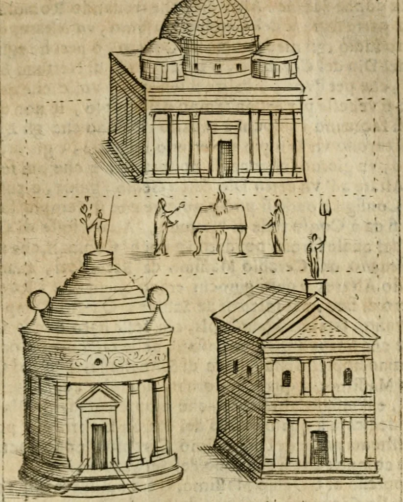 An illustration from Ritratto di Roma antica : nel qvale sono figvrati i principali tempij, theatri, anfiteatri, cerchi, naumachie, archi trionfali, curie, basiliche, colonne, ordine del trionfo, dignita militari, e ciuili, riti cerimonie, & altre cose notabili : aggiuntoui di nuouo le vite, & effigie de' primi rè di essa, e le grandezze dell'Imperio Romano, con l'esplicationi istoriche de' piu celebri antiquarij, 1654, leaf 294