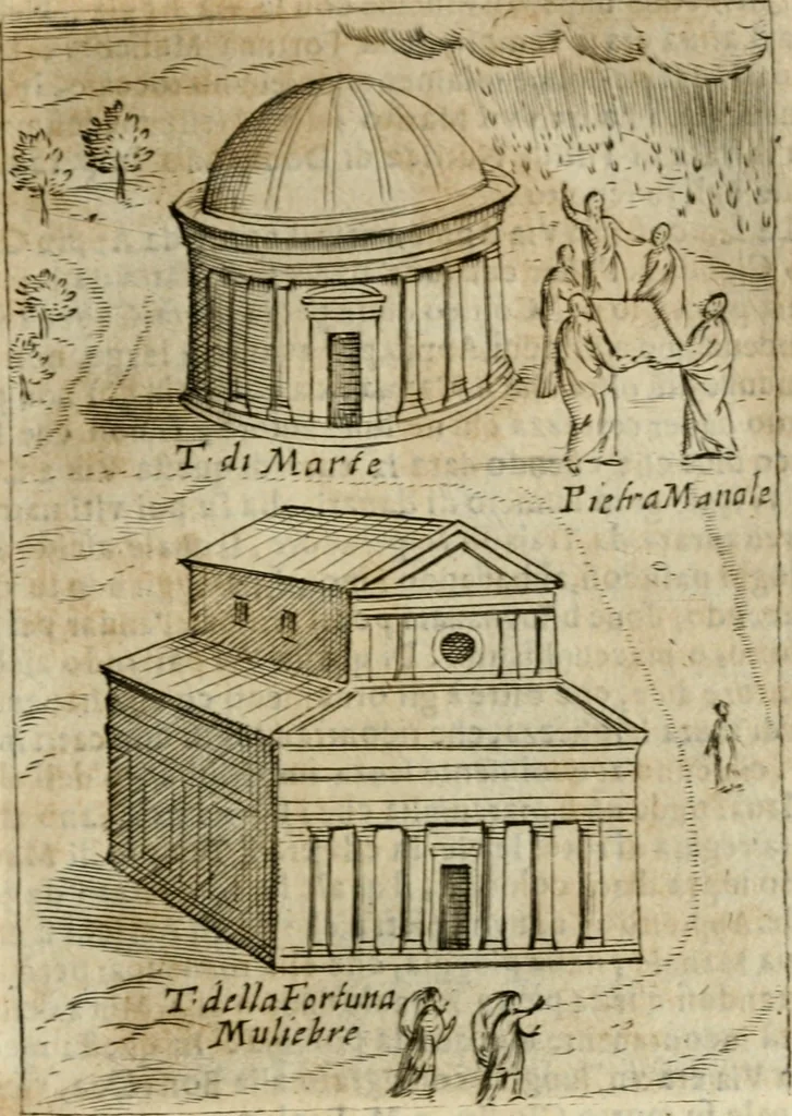 An illustration from Ritratto di Roma antica : nel qvale sono figvrati i principali tempij, theatri, anfiteatri, cerchi, naumachie, archi trionfali, curie, basiliche, colonne, ordine del trionfo, dignita militari, e ciuili, riti cerimonie, & altre cose notabili : aggiuntoui di nuouo le vite, & effigie de' primi rè di essa, e le grandezze dell'Imperio Romano, con l'esplicationi istoriche de' piu celebri antiquarij, 1654, leaf 296