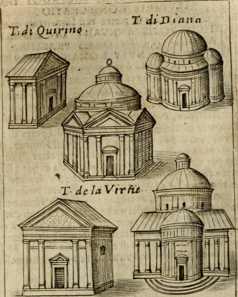 An illustration from Ritratto di Roma antica : nel qvale sono figvrati i principali tempij, theatri, anfiteatri, cerchi, naumachie, archi trionfali, curie, basiliche, colonne, ordine del trionfo, dignita militari, e ciuili, riti cerimonie, & altre cose notabili : aggiuntoui di nuouo le vite, & effigie de' primi rè di essa, e le grandezze dell'Imperio Romano, con l'esplicationi istoriche de' piu celebri antiquarij, 1654, leaf 298