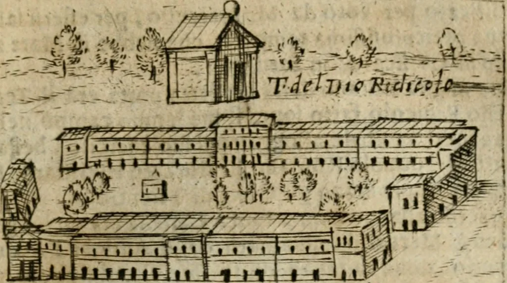 An illustration from Ritratto di Roma antica : nel qvale sono figvrati i principali tempij, theatri, anfiteatri, cerchi, naumachie, archi trionfali, curie, basiliche, colonne, ordine del trionfo, dignita militari, e ciuili, riti cerimonie, & altre cose notabili : aggiuntoui di nuouo le vite, & effigie de' primi rè di essa, e le grandezze dell'Imperio Romano, con l'esplicationi istoriche de' piu celebri antiquarij, 1654, leaf 300