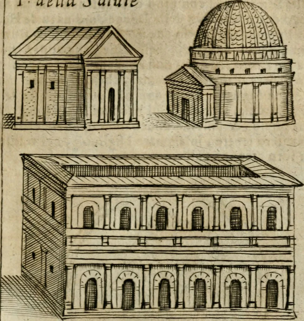 An illustration from Ritratto di Roma antica : nel qvale sono figvrati i principali tempij, theatri, anfiteatri, cerchi, naumachie, archi trionfali, curie, basiliche, colonne, ordine del trionfo, dignita militari, e ciuili, riti cerimonie, & altre cose notabili : aggiuntoui di nuouo le vite, & effigie de' primi rè di essa, e le grandezze dell'Imperio Romano, con l'esplicationi istoriche de' piu celebri antiquarij, 1654, leaf 302