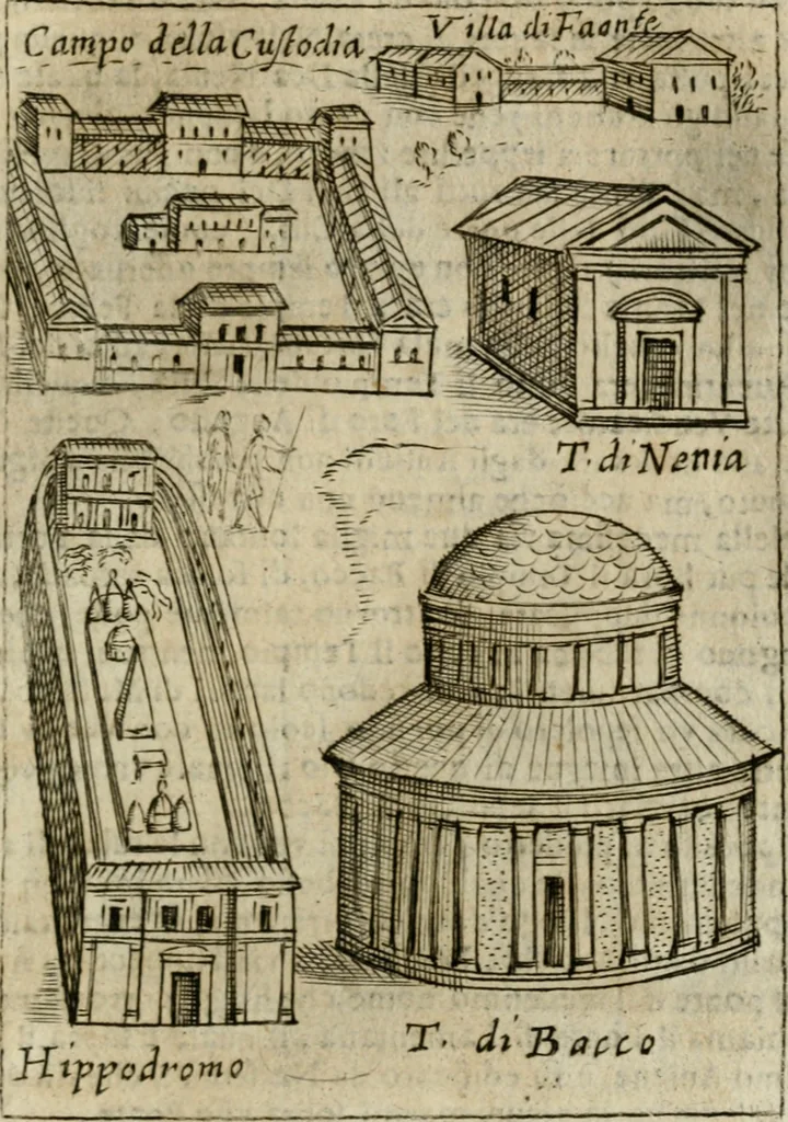 An illustration from Ritratto di Roma antica : nel qvale sono figvrati i principali tempij, theatri, anfiteatri, cerchi, naumachie, archi trionfali, curie, basiliche, colonne, ordine del trionfo, dignita militari, e ciuili, riti cerimonie, & altre cose notabili : aggiuntoui di nuouo le vite, & effigie de' primi rè di essa, e le grandezze dell'Imperio Romano, con l'esplicationi istoriche de' piu celebri antiquarij, 1654, leaf 306