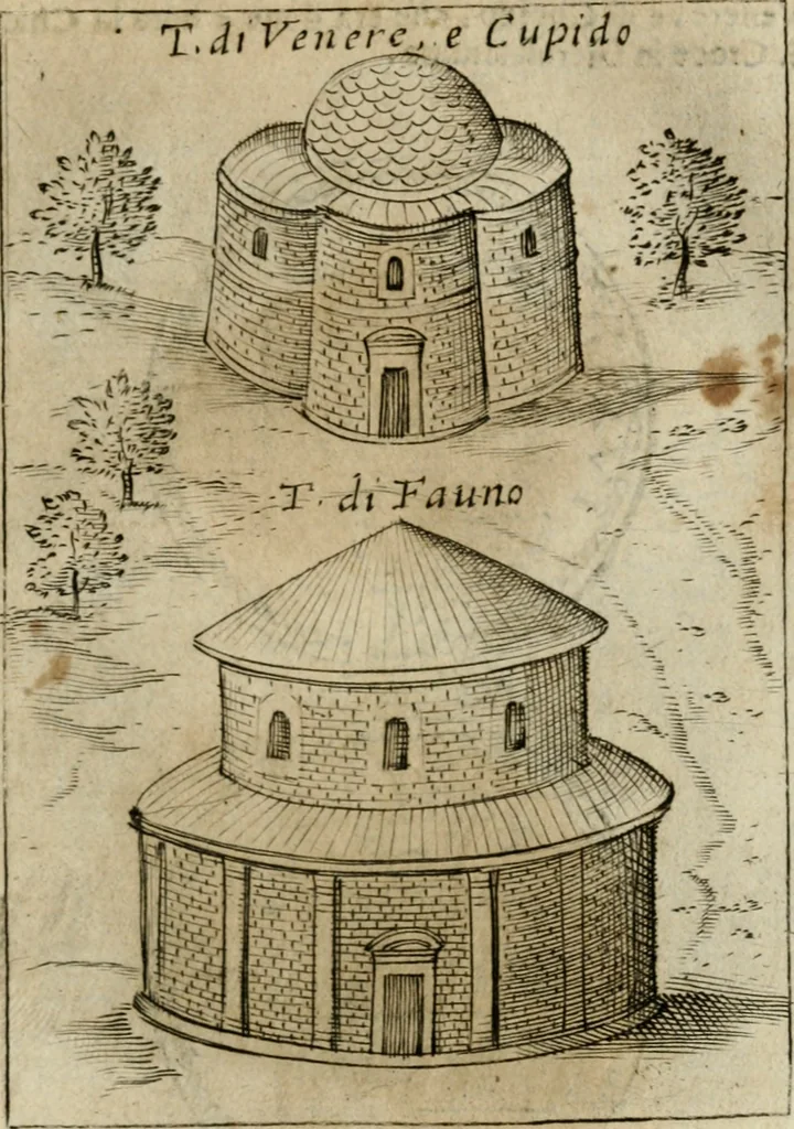 An illustration from Ritratto di Roma antica : nel qvale sono figvrati i principali tempij, theatri, anfiteatri, cerchi, naumachie, archi trionfali, curie, basiliche, colonne, ordine del trionfo, dignita militari, e ciuili, riti cerimonie, & altre cose notabili : aggiuntoui di nuouo le vite, & effigie de' primi rè di essa, e le grandezze dell'Imperio Romano, con l'esplicationi istoriche de' piu celebri antiquarij, 1654, leaf 308