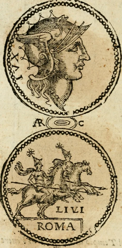 An illustration from Ritratto di Roma antica : nel qvale sono figvrati i principali tempij, theatri, anfiteatri, cerchi, naumachie, archi trionfali, curie, basiliche, colonne, ordine del trionfo, dignita militari, e ciuili, riti cerimonie, & altre cose notabili : aggiuntoui di nuouo le vite, & effigie de' primi rè di essa, e le grandezze dell'Imperio Romano, con l'esplicationi istoriche de' piu celebri antiquarij, 1654, leaf 309