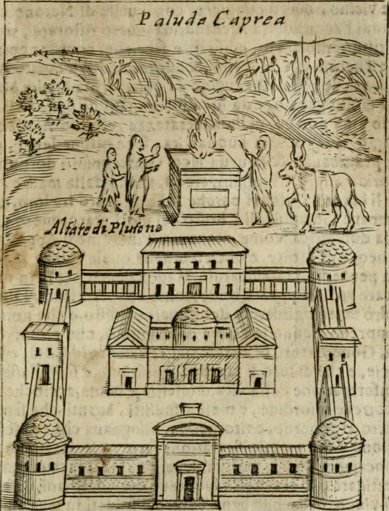 An illustration from Ritratto di Roma antica : nel qvale sono figvrati i principali tempij, theatri, anfiteatri, cerchi, naumachie, archi trionfali, curie, basiliche, colonne, ordine del trionfo, dignita militari, e ciuili, riti cerimonie, & altre cose notabili : aggiuntoui di nuouo le vite, & effigie de' primi rè di essa, e le grandezze dell'Imperio Romano, con l'esplicationi istoriche de' piu celebri antiquarij, 1654, leaf 310