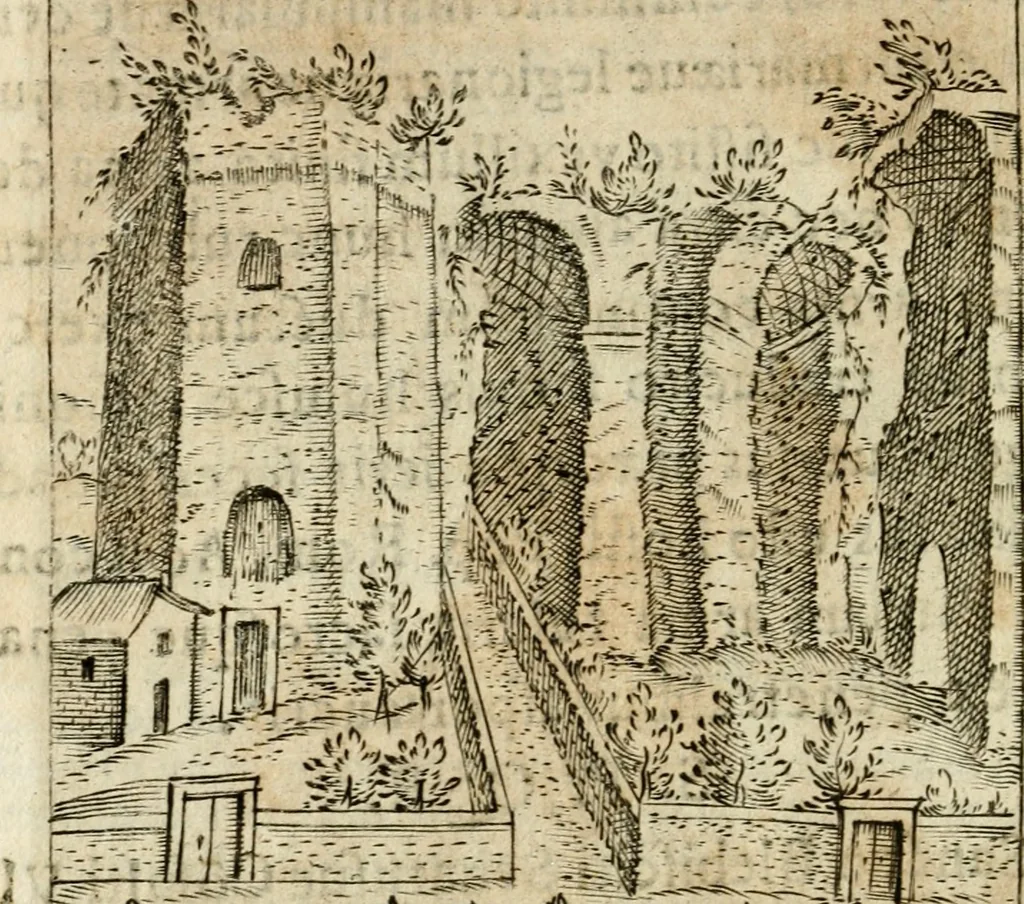 An illustration from Ritratto di Roma antica : nel qvale sono figvrati i principali tempij, theatri, anfiteatri, cerchi, naumachie, archi trionfali, curie, basiliche, colonne, ordine del trionfo, dignita militari, e ciuili, riti cerimonie, & altre cose notabili : aggiuntoui di nuouo le vite, & effigie de' primi rè di essa, e le grandezze dell'Imperio Romano, con l'esplicationi istoriche de' piu celebri antiquarij, 1654, leaf 317