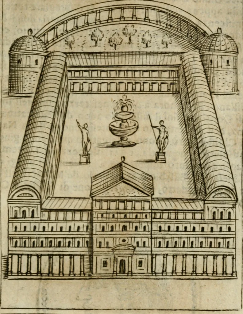 An illustration from Ritratto di Roma antica : nel qvale sono figvrati i principali tempij, theatri, anfiteatri, cerchi, naumachie, archi trionfali, curie, basiliche, colonne, ordine del trionfo, dignita militari, e ciuili, riti cerimonie, & altre cose notabili : aggiuntoui di nuouo le vite, & effigie de' primi rè di essa, e le grandezze dell'Imperio Romano, con l'esplicationi istoriche de' piu celebri antiquarij, 1654, leaf 324