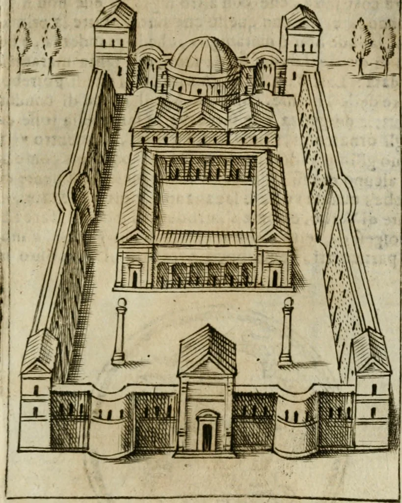 An illustration from Ritratto di Roma antica : nel qvale sono figvrati i principali tempij, theatri, anfiteatri, cerchi, naumachie, archi trionfali, curie, basiliche, colonne, ordine del trionfo, dignita militari, e ciuili, riti cerimonie, & altre cose notabili : aggiuntoui di nuouo le vite, & effigie de' primi rè di essa, e le grandezze dell'Imperio Romano, con l'esplicationi istoriche de' piu celebri antiquarij, 1654, leaf 326
