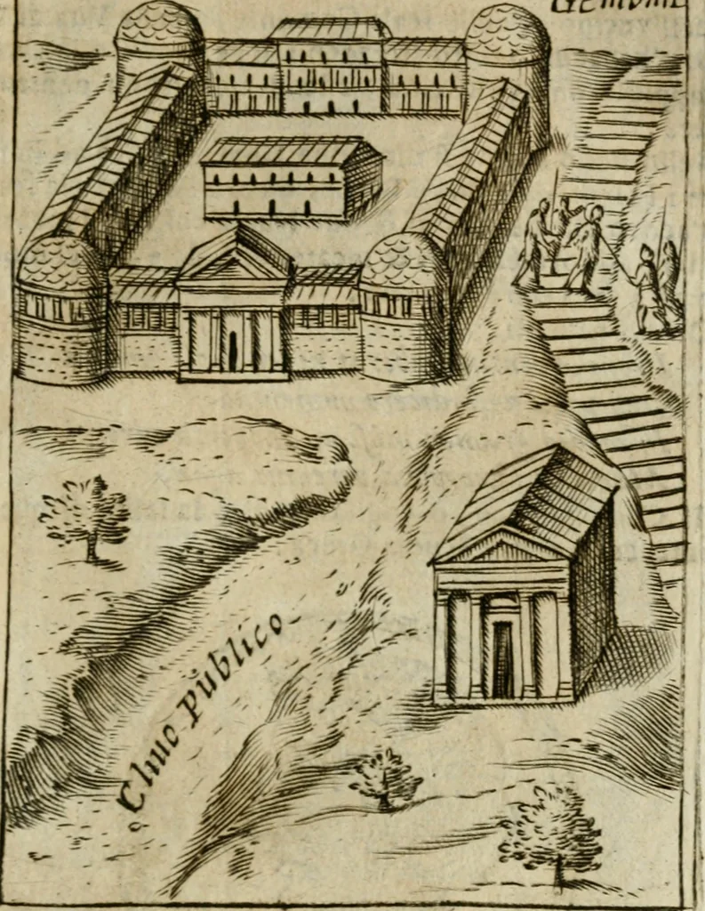 An illustration from Ritratto di Roma antica : nel qvale sono figvrati i principali tempij, theatri, anfiteatri, cerchi, naumachie, archi trionfali, curie, basiliche, colonne, ordine del trionfo, dignita militari, e ciuili, riti cerimonie, & altre cose notabili : aggiuntoui di nuouo le vite, & effigie de' primi rè di essa, e le grandezze dell'Imperio Romano, con l'esplicationi istoriche de' piu celebri antiquarij, 1654, leaf 328