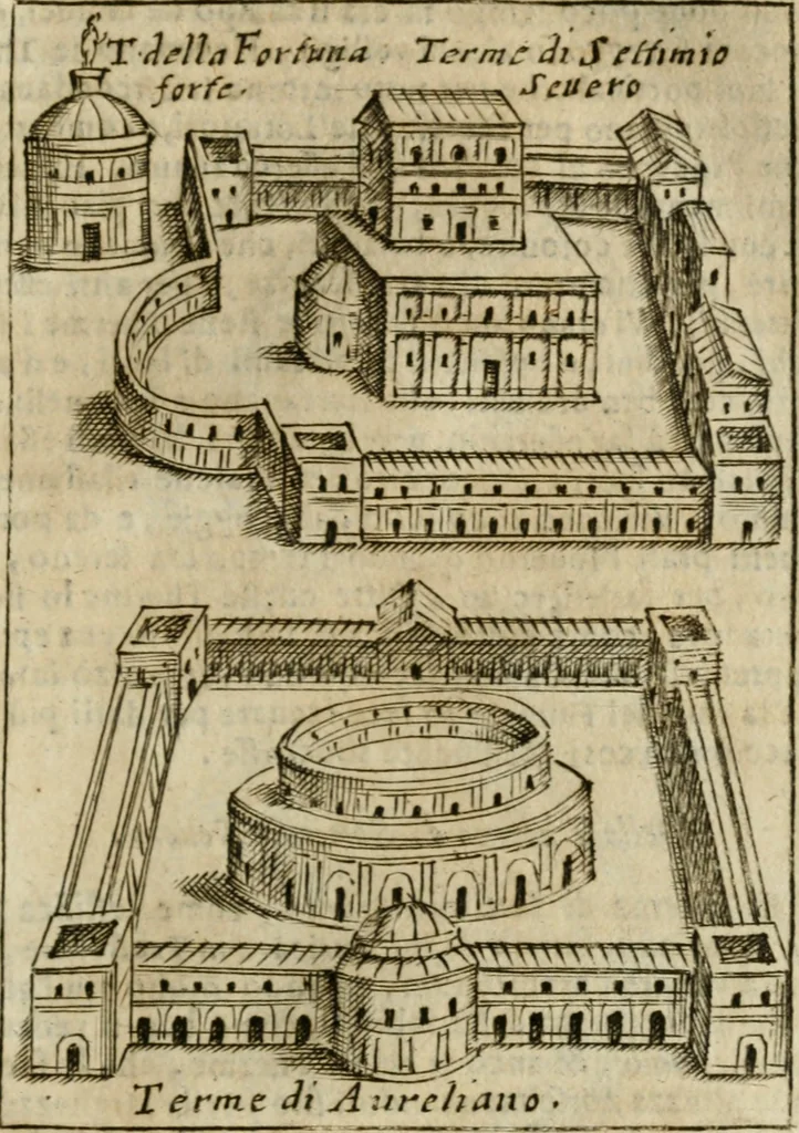 An illustration from Ritratto di Roma antica : nel qvale sono figvrati i principali tempij, theatri, anfiteatri, cerchi, naumachie, archi trionfali, curie, basiliche, colonne, ordine del trionfo, dignita militari, e ciuili, riti cerimonie, & altre cose notabili : aggiuntoui di nuouo le vite, & effigie de' primi rè di essa, e le grandezze dell'Imperio Romano, con l'esplicationi istoriche de' piu celebri antiquarij, 1654, leaf 330