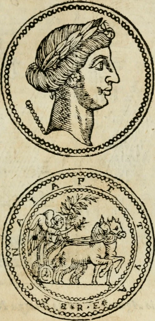 An illustration from Ritratto di Roma antica : nel qvale sono figvrati i principali tempij, theatri, anfiteatri, cerchi, naumachie, archi trionfali, curie, basiliche, colonne, ordine del trionfo, dignita militari, e ciuili, riti cerimonie, & altre cose notabili : aggiuntoui di nuouo le vite, & effigie de' primi rè di essa, e le grandezze dell'Imperio Romano, con l'esplicationi istoriche de' piu celebri antiquarij, 1654, leaf 332