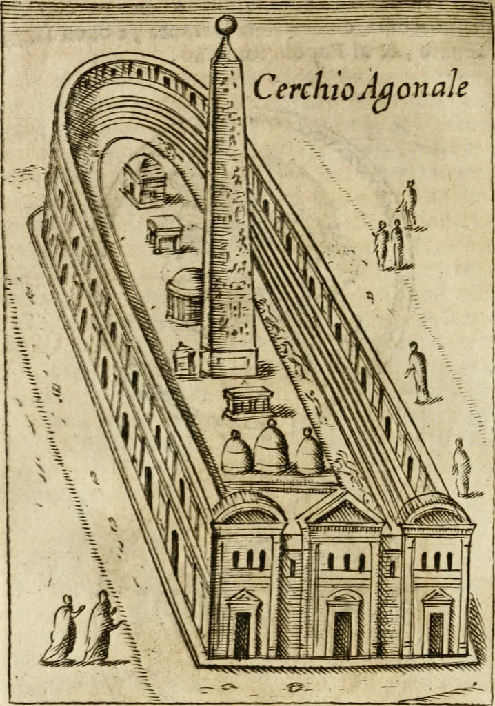 An illustration from Ritratto di Roma antica : nel qvale sono figvrati i principali tempij, theatri, anfiteatri, cerchi, naumachie, archi trionfali, curie, basiliche, colonne, ordine del trionfo, dignita militari, e ciuili, riti cerimonie, & altre cose notabili : aggiuntoui di nuouo le vite, & effigie de' primi rè di essa, e le grandezze dell'Imperio Romano, con l'esplicationi istoriche de' piu celebri antiquarij, 1654, leaf 333