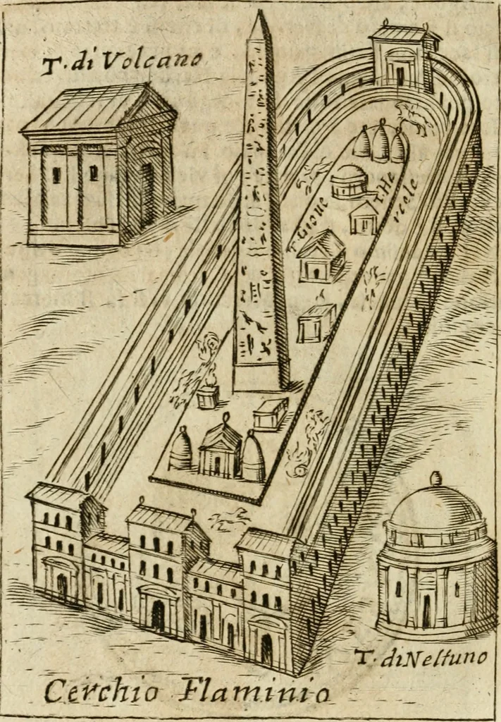 An illustration from Ritratto di Roma antica : nel qvale sono figvrati i principali tempij, theatri, anfiteatri, cerchi, naumachie, archi trionfali, curie, basiliche, colonne, ordine del trionfo, dignita militari, e ciuili, riti cerimonie, & altre cose notabili : aggiuntoui di nuouo le vite, & effigie de' primi rè di essa, e le grandezze dell'Imperio Romano, con l'esplicationi istoriche de' piu celebri antiquarij, 1654, leaf 335
