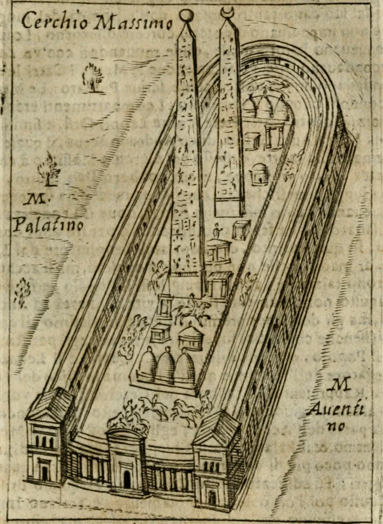 An illustration from Ritratto di Roma antica : nel qvale sono figvrati i principali tempij, theatri, anfiteatri, cerchi, naumachie, archi trionfali, curie, basiliche, colonne, ordine del trionfo, dignita militari, e ciuili, riti cerimonie, & altre cose notabili : aggiuntoui di nuouo le vite, & effigie de' primi rè di essa, e le grandezze dell'Imperio Romano, con l'esplicationi istoriche de' piu celebri antiquarij, 1654, leaf 338