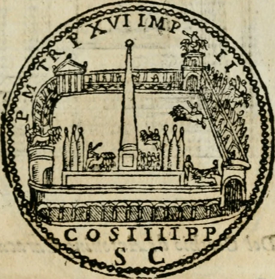 An illustration from Ritratto di Roma antica : nel qvale sono figvrati i principali tempij, theatri, anfiteatri, cerchi, naumachie, archi trionfali, curie, basiliche, colonne, ordine del trionfo, dignita militari, e ciuili, riti cerimonie, & altre cose notabili : aggiuntoui di nuouo le vite, & effigie de' primi rè di essa, e le grandezze dell'Imperio Romano, con l'esplicationi istoriche de' piu celebri antiquarij, 1654, leaf 340