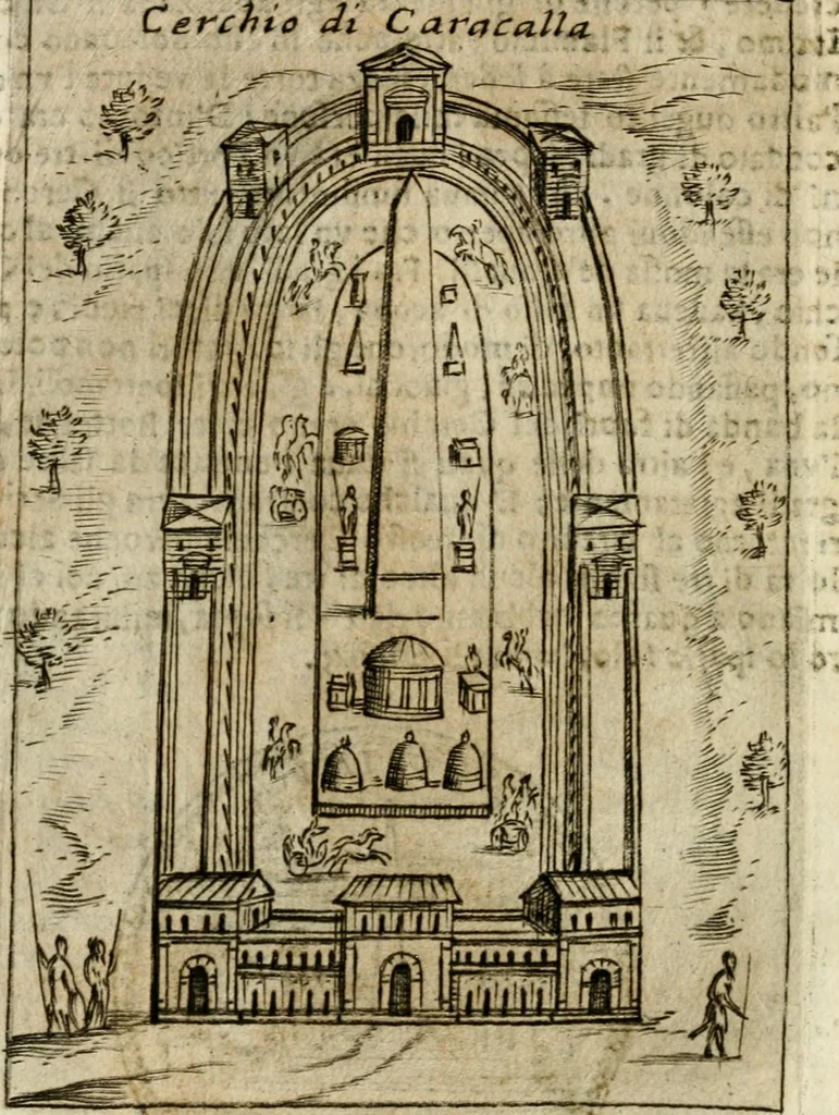 An illustration from Ritratto di Roma antica : nel qvale sono figvrati i principali tempij, theatri, anfiteatri, cerchi, naumachie, archi trionfali, curie, basiliche, colonne, ordine del trionfo, dignita militari, e ciuili, riti cerimonie, & altre cose notabili : aggiuntoui di nuouo le vite, & effigie de' primi rè di essa, e le grandezze dell'Imperio Romano, con l'esplicationi istoriche de' piu celebri antiquarij, 1654, leaf 341