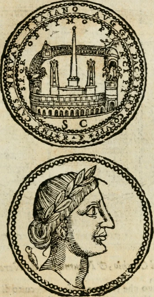 An illustration from Ritratto di Roma antica : nel qvale sono figvrati i principali tempij, theatri, anfiteatri, cerchi, naumachie, archi trionfali, curie, basiliche, colonne, ordine del trionfo, dignita militari, e ciuili, riti cerimonie, & altre cose notabili : aggiuntoui di nuouo le vite, & effigie de' primi rè di essa, e le grandezze dell'Imperio Romano, con l'esplicationi istoriche de' piu celebri antiquarij, 1654, leaf 342