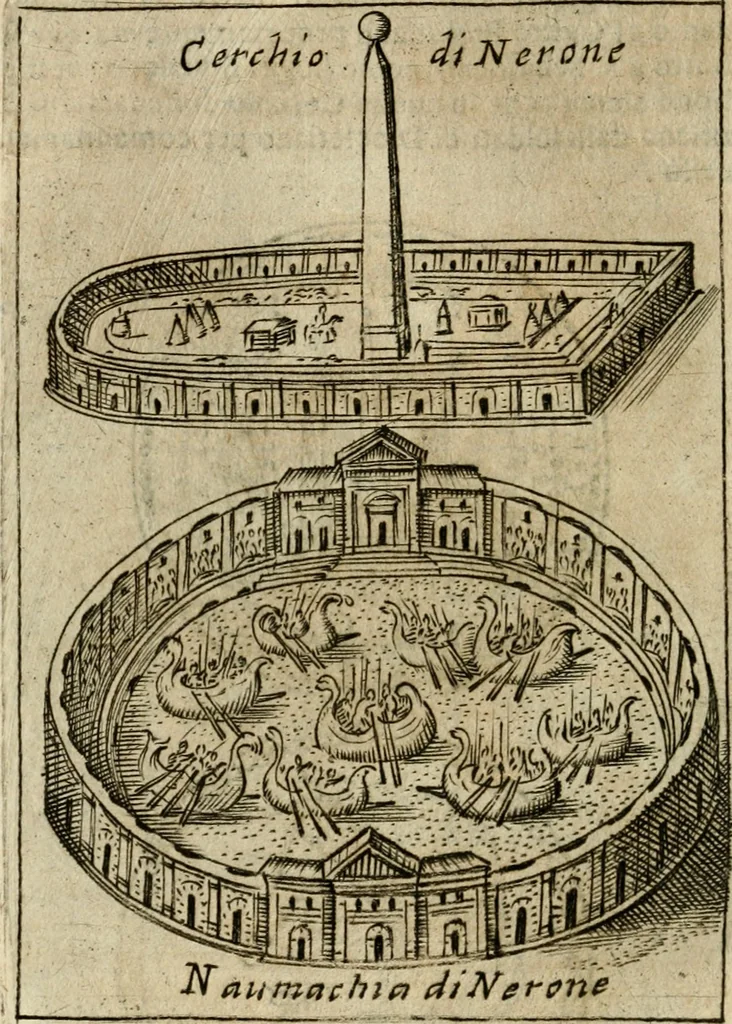 An illustration from Ritratto di Roma antica : nel qvale sono figvrati i principali tempij, theatri, anfiteatri, cerchi, naumachie, archi trionfali, curie, basiliche, colonne, ordine del trionfo, dignita militari, e ciuili, riti cerimonie, & altre cose notabili : aggiuntoui di nuouo le vite, & effigie de' primi rè di essa, e le grandezze dell'Imperio Romano, con l'esplicationi istoriche de' piu celebri antiquarij, 1654, leaf 343