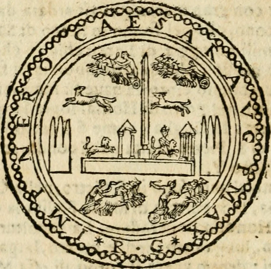 An illustration from Ritratto di Roma antica : nel qvale sono figvrati i principali tempij, theatri, anfiteatri, cerchi, naumachie, archi trionfali, curie, basiliche, colonne, ordine del trionfo, dignita militari, e ciuili, riti cerimonie, & altre cose notabili : aggiuntoui di nuouo le vite, & effigie de' primi rè di essa, e le grandezze dell'Imperio Romano, con l'esplicationi istoriche de' piu celebri antiquarij, 1654, leaf 345