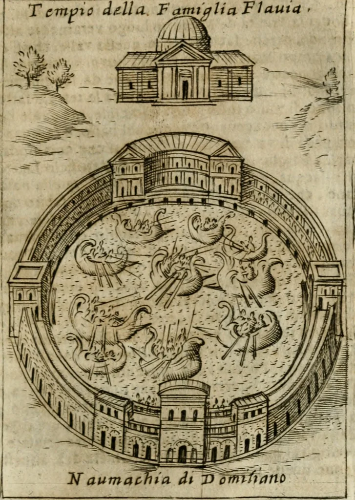 An illustration from Ritratto di Roma antica : nel qvale sono figvrati i principali tempij, theatri, anfiteatri, cerchi, naumachie, archi trionfali, curie, basiliche, colonne, ordine del trionfo, dignita militari, e ciuili, riti cerimonie, & altre cose notabili : aggiuntoui di nuouo le vite, & effigie de' primi rè di essa, e le grandezze dell'Imperio Romano, con l'esplicationi istoriche de' piu celebri antiquarij, 1654, leaf 346