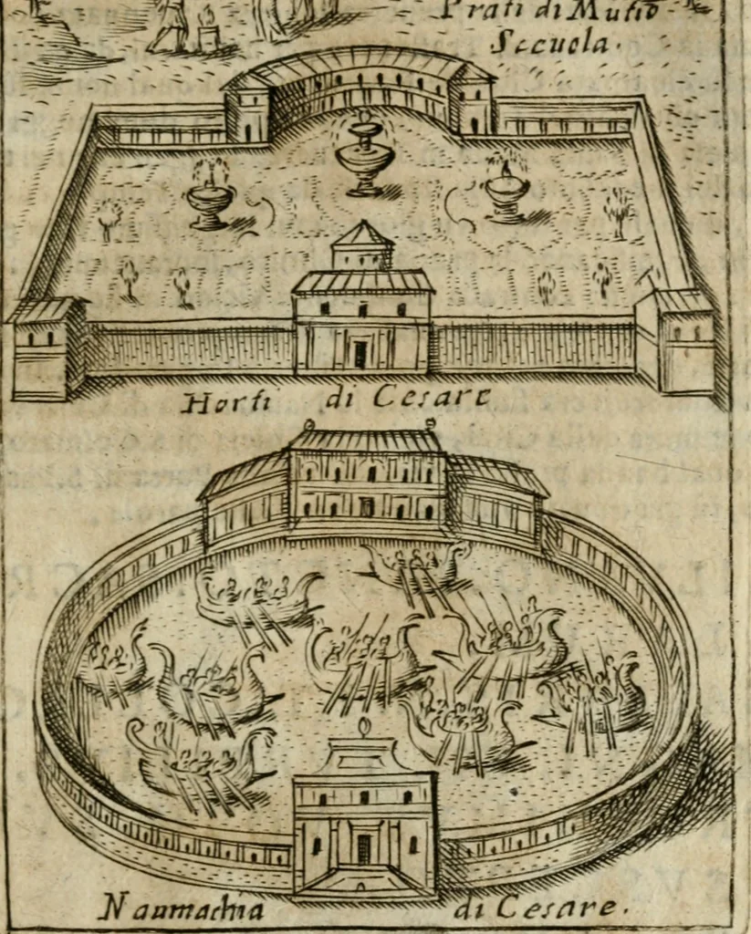 An illustration from Ritratto di Roma antica : nel qvale sono figvrati i principali tempij, theatri, anfiteatri, cerchi, naumachie, archi trionfali, curie, basiliche, colonne, ordine del trionfo, dignita militari, e ciuili, riti cerimonie, & altre cose notabili : aggiuntoui di nuouo le vite, & effigie de' primi rè di essa, e le grandezze dell'Imperio Romano, con l'esplicationi istoriche de' piu celebri antiquarij, 1654, leaf 348