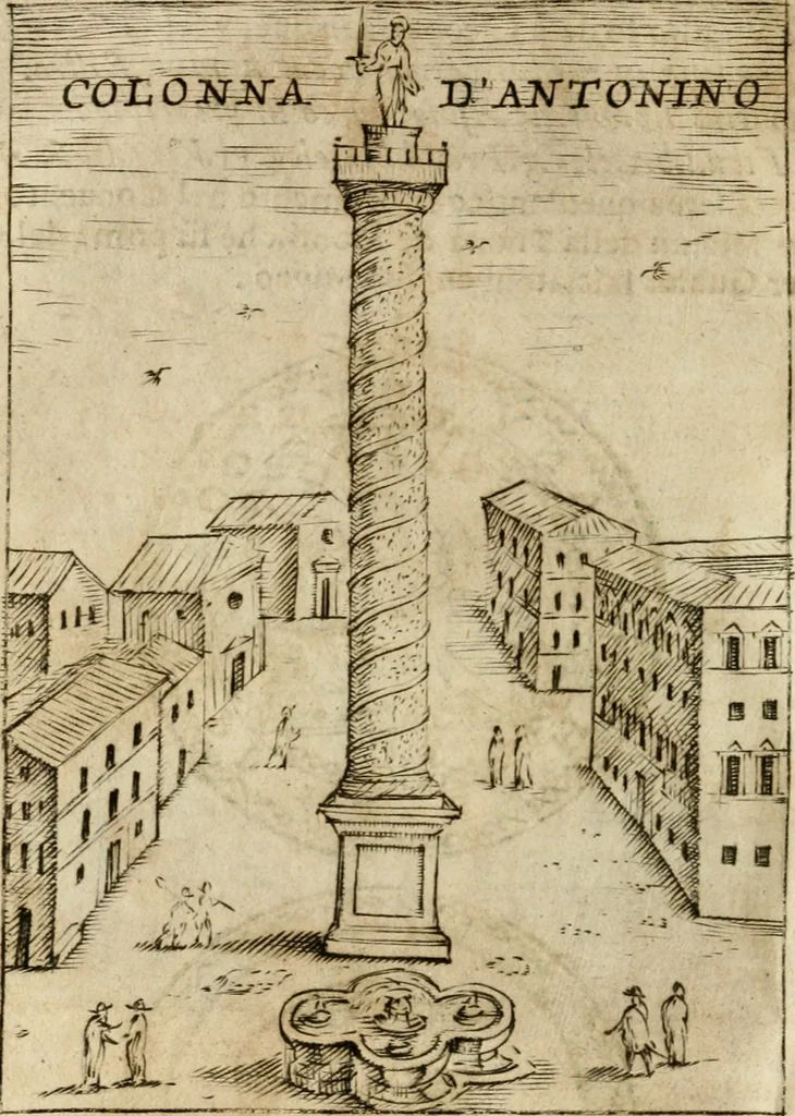 An illustration from Ritratto di Roma antica : nel qvale sono figvrati i principali tempij, theatri, anfiteatri, cerchi, naumachie, archi trionfali, curie, basiliche, colonne, ordine del trionfo, dignita militari, e ciuili, riti cerimonie, & altre cose notabili : aggiuntoui di nuouo le vite, & effigie de' primi rè di essa, e le grandezze dell'Imperio Romano, con l'esplicationi istoriche de' piu celebri antiquarij, 1654, leaf 355