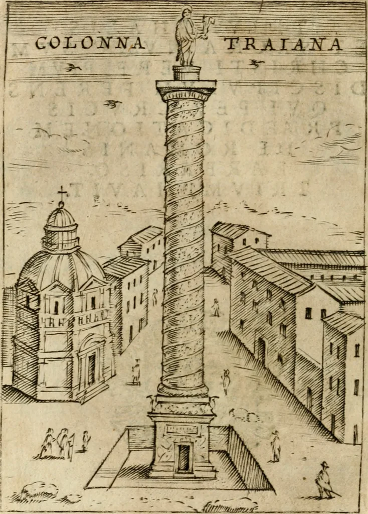 An illustration from Ritratto di Roma antica : nel qvale sono figvrati i principali tempij, theatri, anfiteatri, cerchi, naumachie, archi trionfali, curie, basiliche, colonne, ordine del trionfo, dignita militari, e ciuili, riti cerimonie, & altre cose notabili : aggiuntoui di nuouo le vite, & effigie de' primi rè di essa, e le grandezze dell'Imperio Romano, con l'esplicationi istoriche de' piu celebri antiquarij, 1654, leaf 359