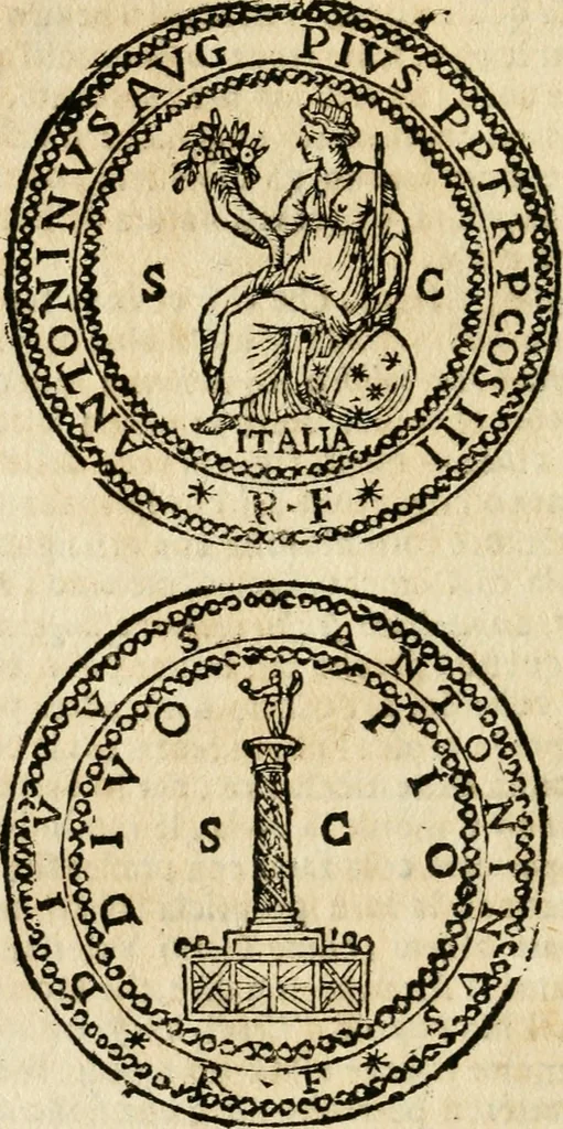 An illustration from Ritratto di Roma antica : nel qvale sono figvrati i principali tempij, theatri, anfiteatri, cerchi, naumachie, archi trionfali, curie, basiliche, colonne, ordine del trionfo, dignita militari, e ciuili, riti cerimonie, & altre cose notabili : aggiuntoui di nuouo le vite, & effigie de' primi rè di essa, e le grandezze dell'Imperio Romano, con l'esplicationi istoriche de' piu celebri antiquarij, 1654, leaf 375